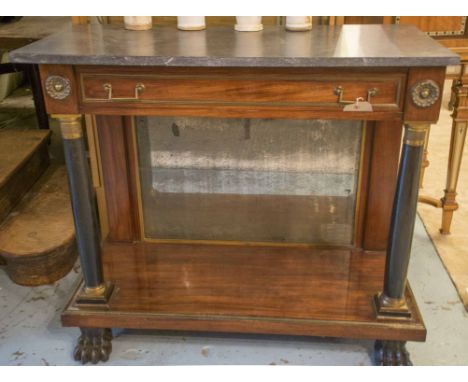 CONSOLE TABLE, early 19th century French Empire, with fossil marble top, frieze drawer, faux fossil pillar and undertier, 100