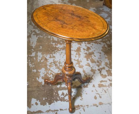 TRIPOD TABLE, Victorian burr walnut with oval inlaid top, 59cm w X 43cm D x 72cm H. (with faults)