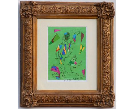 MARC CHAGALL 'Acrobats', original lithograph, printed by Mourlot, 1979, 35cm x 25cm, framed and glazed.
