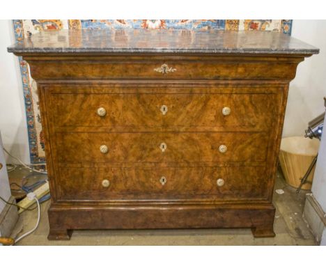 COMMODE, 19th century French, Louis Philippe, burr walnut, with five long drawers and St Anne's variegated marble top, 127cm 