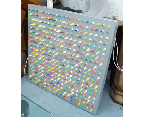 SPIKE WALL LIGHT, by Tom Kirk, in a anodised aluminium box with multi coloured resin spikes, lit by a hidden neon tube, 100cm