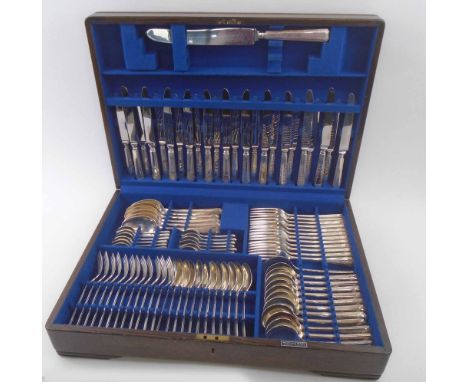 MAPPIN AND WEBB CANTEEN OF SILVER PLATED CUTLERY, twelve place settings, fitted case, similar to Lot 530. (carving fork lacki