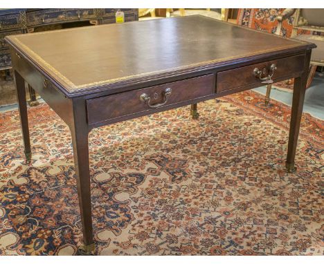 WRITING TABLE, George III mahogany with tooled leather, two frieze drawers and square section supports, 124cm x 94cm x 76cm H