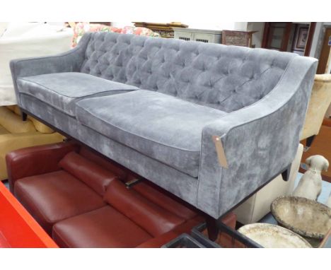 SOFA, by bespokesofalondon.com, buttoned back with sloping arms in light grey upholstery on splayed legs, 230cm L x 85cm D x 