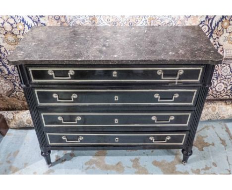 DIRECTOIRE COMMODE, late 18th century French ebonised and silver metal mounted with four long drawers, between reeded pilaste