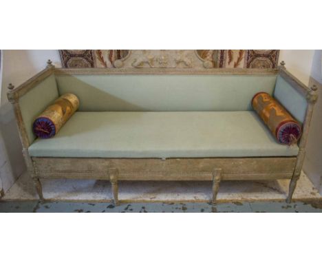 SOFA, late 18th century Swedish grey painted pine with sphynx tablet centred back, pale green upholstery, silk bolster cushio