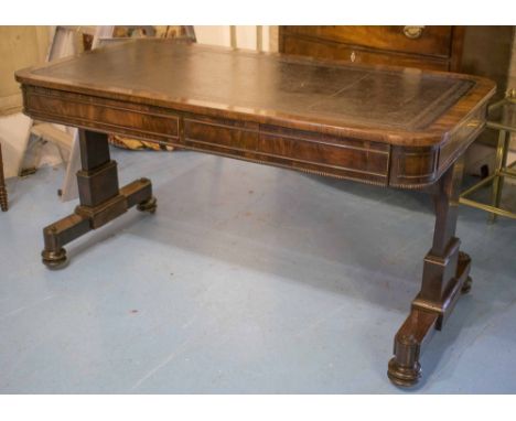 CENTRE WRITING TABLE, William IV, rosewood, with tooled leather writing surface, above two frieze drawers and twin trestle su