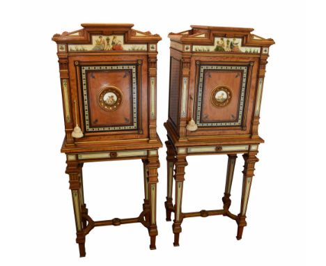 GILLOW & CO. SIDE CABINETS, a pair, Victorian satinwood, and painted ivory, circa 1870, each decorated with muses and cherubs