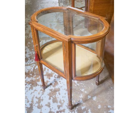 DISPLAY CABINET, Edwardian mahogany and boxwood strung with glazed door and bowed ends, 69cm x 45cm x 76cm H. (shelf lacking)