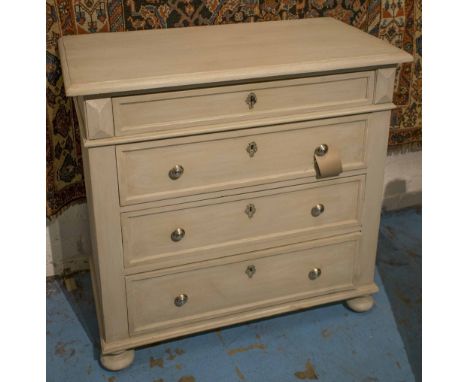 COMMODE, 18th century Gustavian, grey painted, with four long drawers and turned supports, 91cm H x 94cm x 48cm. 