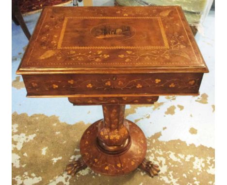 IRISH KILLARNEY-WARE WORK TABLE, mid 19th century yewwood with foliate and trailing shamrock marquetry inlaid decoration havi
