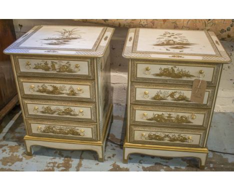 BEDSIDE CHESTS, a pair, Georgian design, gilt Chinoiserie decorated, each with four long drawers, 47cm D x 53cm W x 73cm H. (
