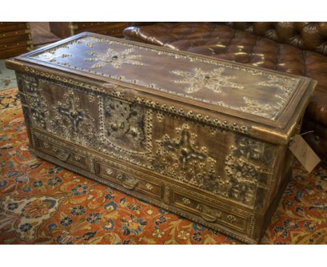 ZANZIBAR TRUNK, vintage antique Moorish hardwood and brass, mounted and bound with rising lid above three short drawers, 113c