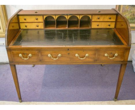 ROLL TOP DESK, George III, mahogany with tambour top, enclosing satinwood drawers, pigeon holes and a black leather surface, 