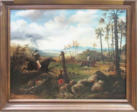 19TH CENTURY ANGLO COLONIAL SCHOOL 'Landscape with Hunters on horseback', oil on canvas, dated July '49, 67cm x 92cm, framed 