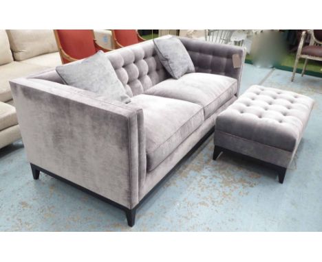 SOFA, two seater, button crushed velvet on ebonised frame, 195cm L plus matching ottoman, 70cm x 60cm x 42cm H. (2)