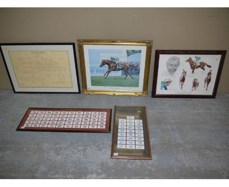 A limited edition colour print - "The Lions of Longchamp", signed proof after Roy Miller; two sets of framed cigarette cards;