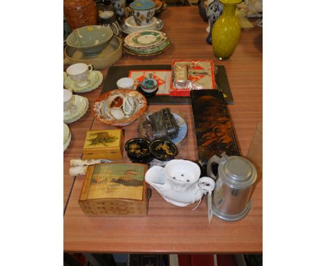 A Monopoly game; a lacquered glove box; a pewter tankard; a pair of opera glasses; and sundry items.