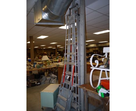 Two extension aluminium ladder; a pair of step ladders; and a platform.