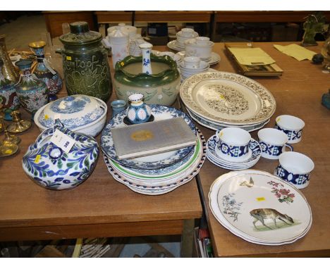 A 'Langley' ware jardiniere; various meat plates; pottery storage jars; a 19th Century Spode plate; etc. 