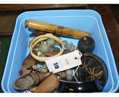 A set of graduating jadeite beads; rolling pin; a semi precious stone brooch; miniature wooden shoes; and sundry collectable'