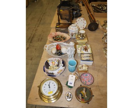 A miniature swing toilet mirror on plinth base; a quantity of miscellaneous decorative china; a pressed glass vase; ornaments