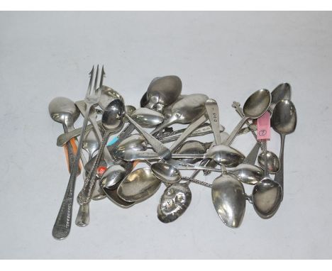 A large quantity of silver tea and coffee spoons of varying designs, makers and marks; and a plated pickle fork.