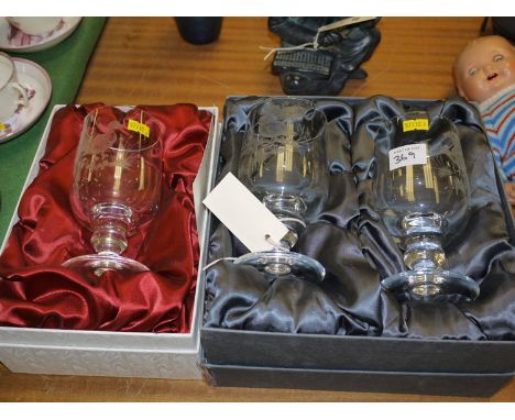 Three crystal goblets: one engraved with a Blackcock, one engraved with a Woodcock, the third engraved with a Mallard, all th