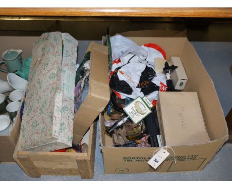 A collection of tapestry wool; optic measures; household sundries, in two boxes.