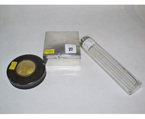 A silver mounted cigarette box; a turned tortoiseshell wooden snuff box, with a coin set of the Emperor Alexander; and a cut 