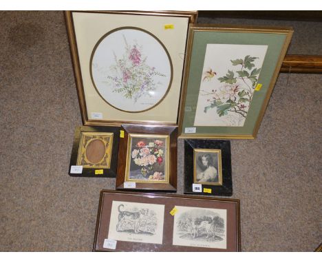 Sundry prints; a gilt and ebonised miniatures frame; and a miniature portrait print.  (6)