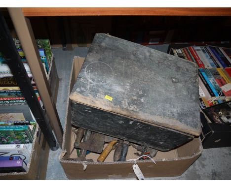 A quantity of hand tools, etc; and a wooden box.