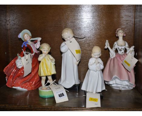 A collection of figurines, including: Royal Doulton 'Autumn Breezes', HN1934; 'Darling', HN1319; 'Bedtime', HN1978; a Royal W