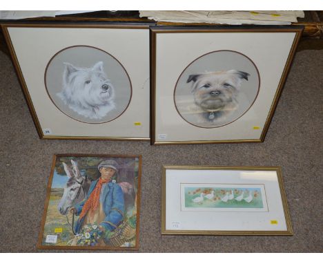 A pair of pastel portraits of dogs, indistinctly signed D.S.; a limited edition colour print - "Ducks", after Ann Blockley; a