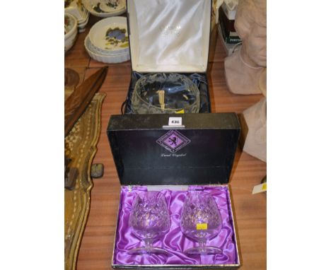 An engraved Caithness bowl; and two Edinburgh Crystal brandy glasses.