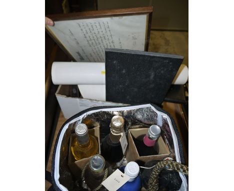 Six bottles of wine, various; and a box of sundries, including: chess pieces; drawing instruments; etc.