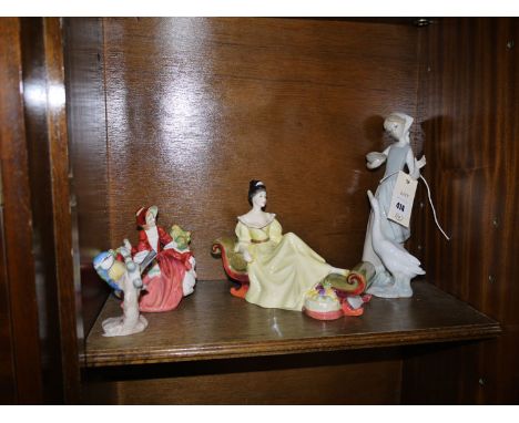 A Royal Doulton figure 'At Ease', HN2473; another Royal Doulton figure 'Lydia',  HN1908; a Lladro figure of a young girl and 