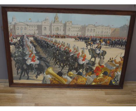 A railway poster after Christopher Clarke, R.I., "British Army Ceremonial", cut down, mounted to a board and framed, the back