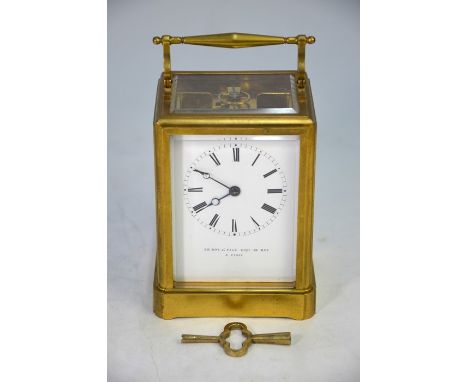 Le Roy &amp; Fils, Paris, a 19th century brass cased twin train 8-day bell striking carriage clock, the white enamelled dial 