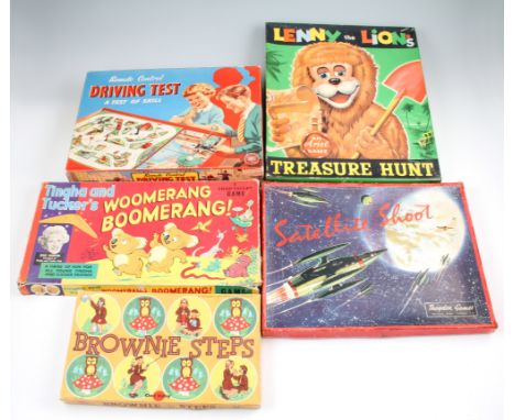 A group of games to include; Merit remote control Driving Test, Chad Valley Tingha and Tucker's Woomerang Boomerang, Theydon 