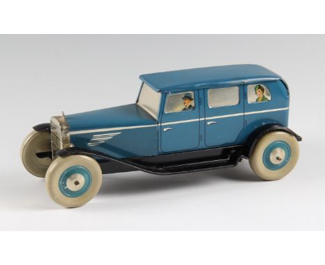 A Chad Valley clockwork tinplate vintage saloon car, having blue body with silvered windows with passengers, with beige colou