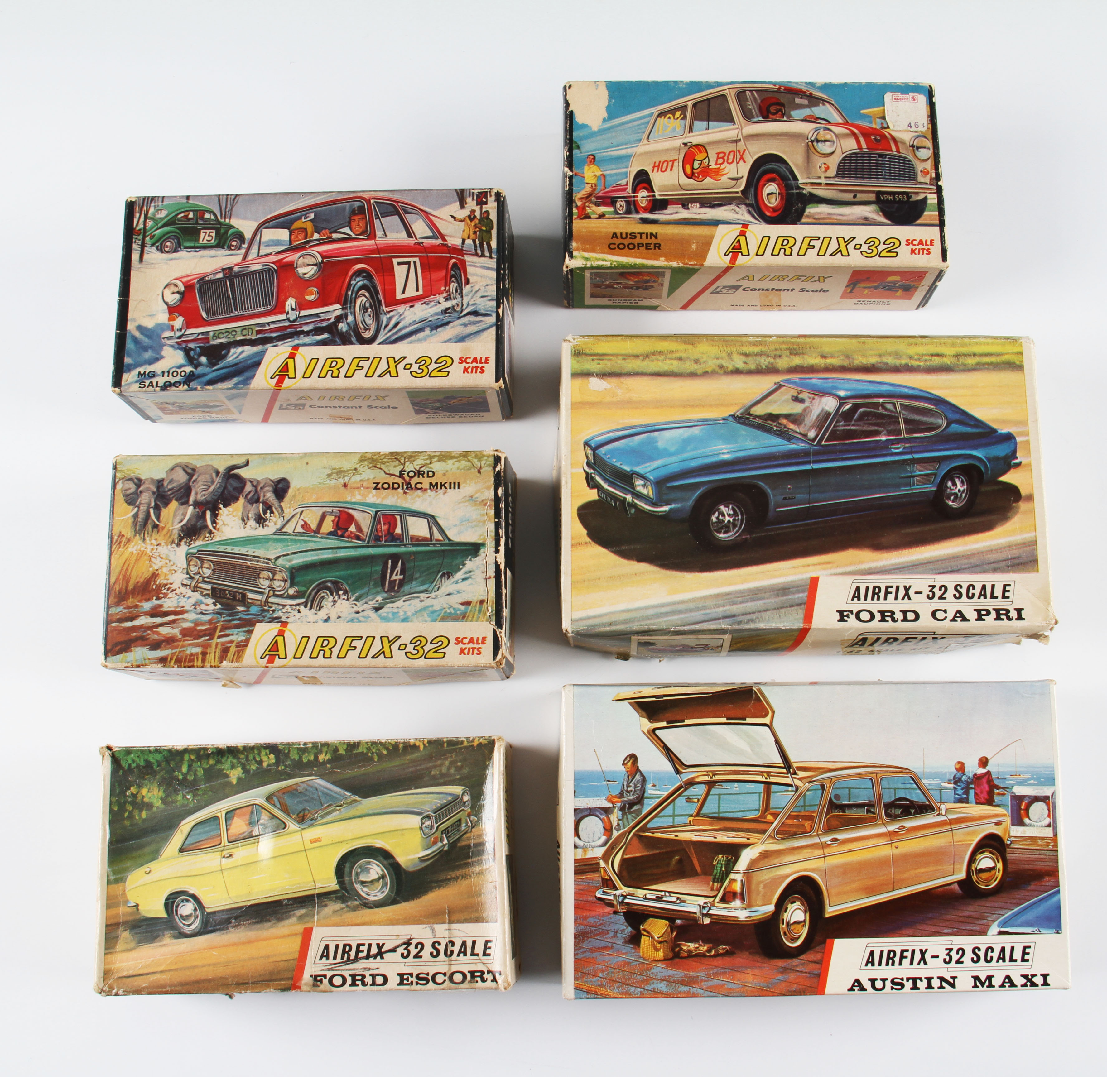 A group of six boxed Airfix 1:32 scale car kits to include; Ford Escort