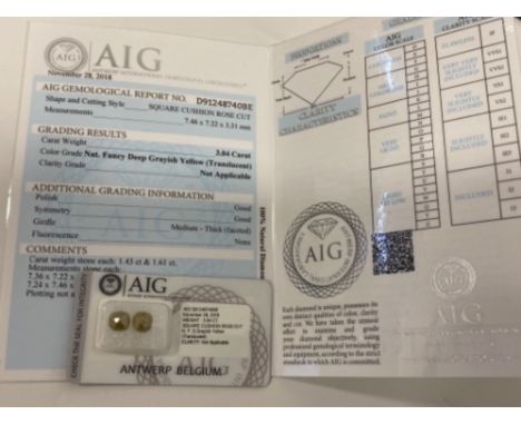 3.04 CARATS PAIR OF NATURAL COLOURED DIAMONDS - DEEP GREYISH YELLOW, SQUARE CUSHION ROSE CUTS, CERTIFIED WITH GRADING REPORT