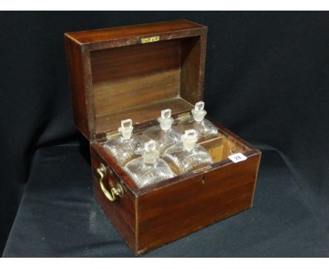 An Early 19th Century Mahogany Decanter Box With Side Brass Handles Containing Five Etched Glass Decanters (One Missing)