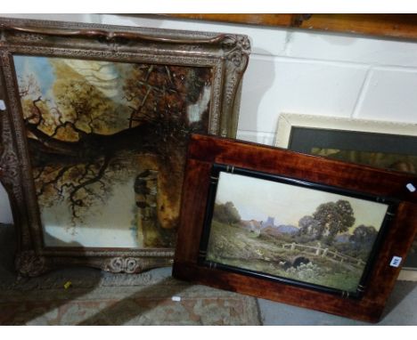 A Coloured Landscape Scene Print Together With A 20th Century Oil View