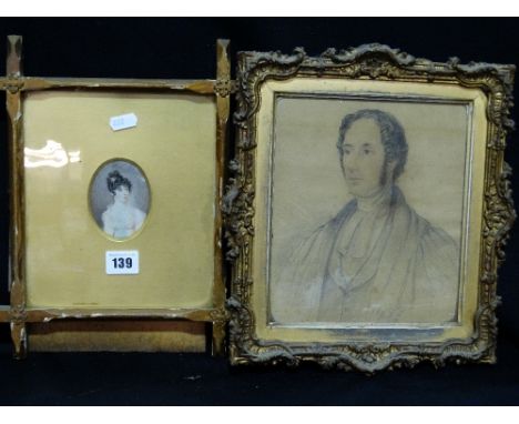 A Framed Early 19th Century Portrait Miniature (Possibly On Ivory) Of A Young Lady Together With A Framed Pencil And Watercol