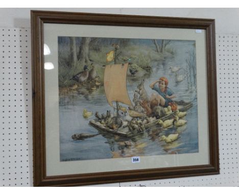 A Coloured Margaret W Tarrant Print Of Child And Animals On A Raft