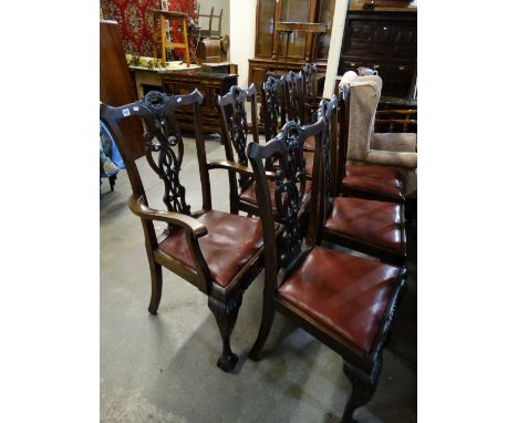 A Set Of Eight (6 + 2) Early 20th Century Chippendale Style Dining Chairs With Pierced Splats
