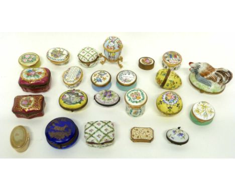 Quantity of 19th/20th century enamel boxes including one with two chickens, Halcyon Days example modelled as an egg and other