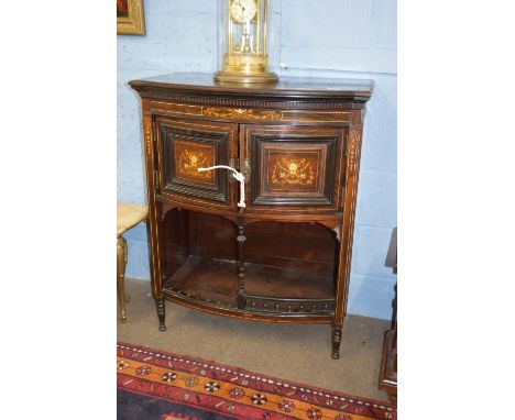 Decorative side cabinet with galleried shelf beneath, inlaid and strung decoration throughout, width approx 80cm